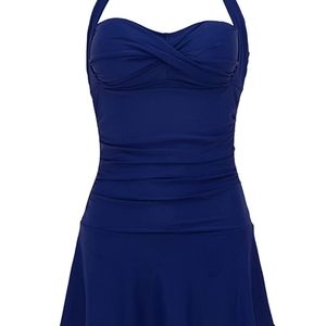 Halter bandeau one piece ruched skirted swimsuit